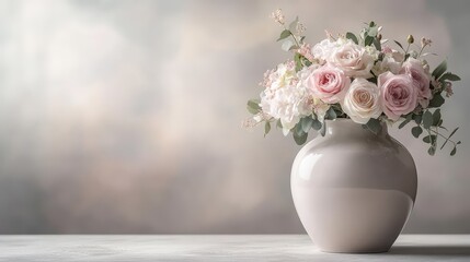 A delicate arrangement of pastel roses in a simple vase on a softly lit surface
