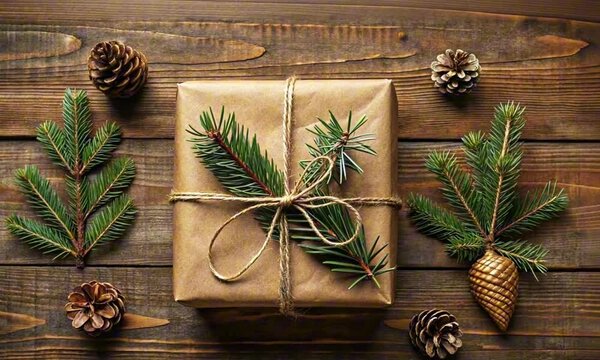 Wrapped gift with natural decorations on a wooden background representing rustic holiday charm