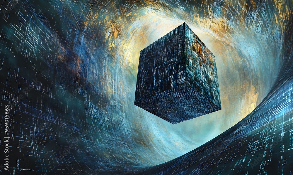 Poster blue cube floating in a digital tunnel