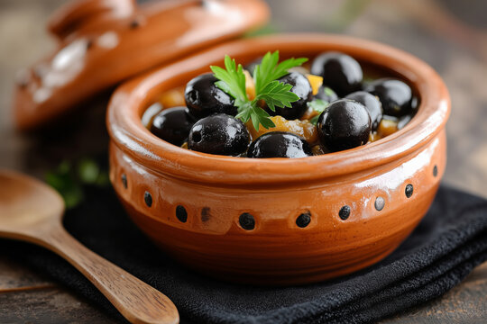 A delightful clay pot of esqueixada with olives and a wooden spoon, set on a rustic table ready for a Mediterranean feast