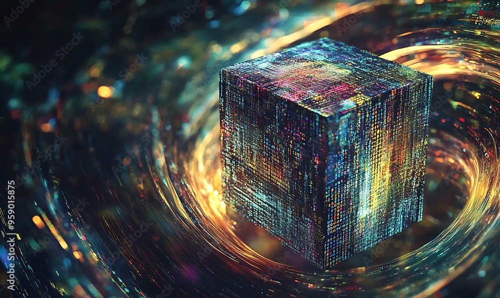 Aufkleber digital cube suspended in a vortex of data
