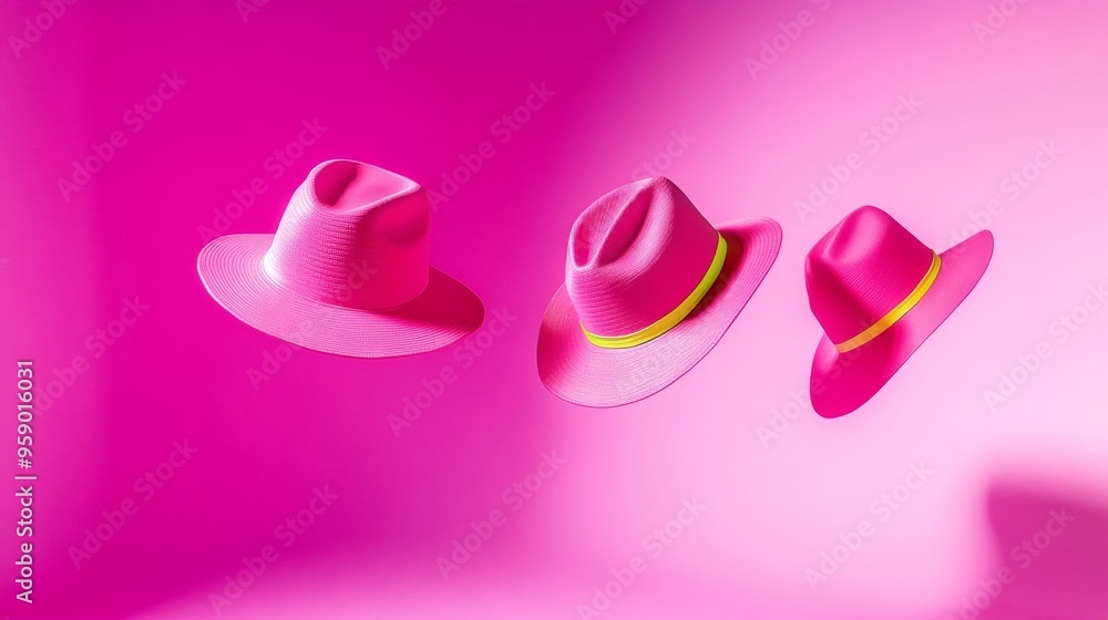 Poster vibrant levitating neon pink hats in dynamic pastel composition with sharp shadows