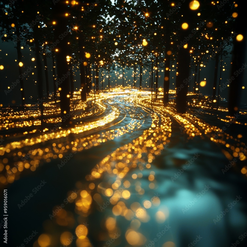 Poster a magical forest path illuminated by glowing lights, creating a mesmerizing and enchanting atmospher