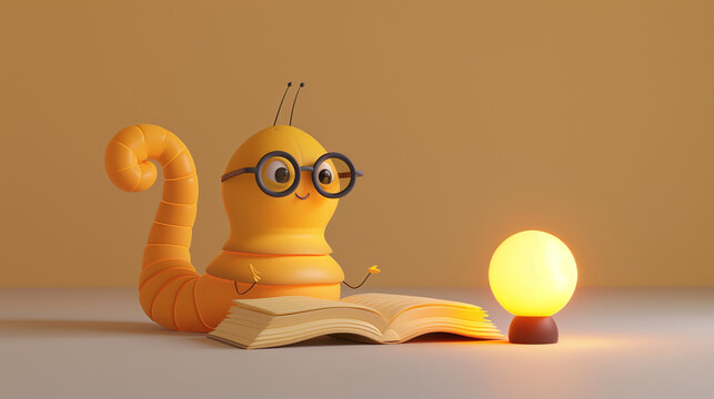 A cute, cartoonish bookworm with glasses reading a book beside a lit table lamp, creating a cozy and intellectual atmosphere.