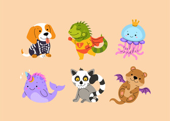 Happy Halloween day cute animal vector. Cartoon collection of animals with halloween costumes, skeleton, skull, bat wings, crown, unicorn. Adorable animal characters in autumn festival