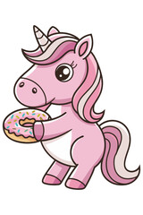 A cartoon illustration of a pink unicorn is holding a doughnut in its hooves.