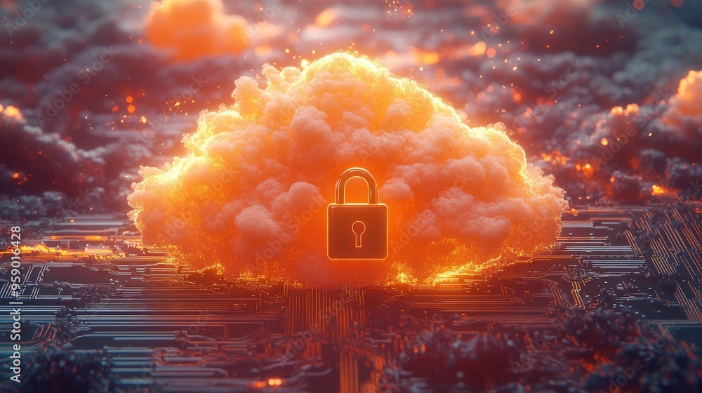 Poster a digital cloud with a lock symbol, representing cybersecurity and data protection.