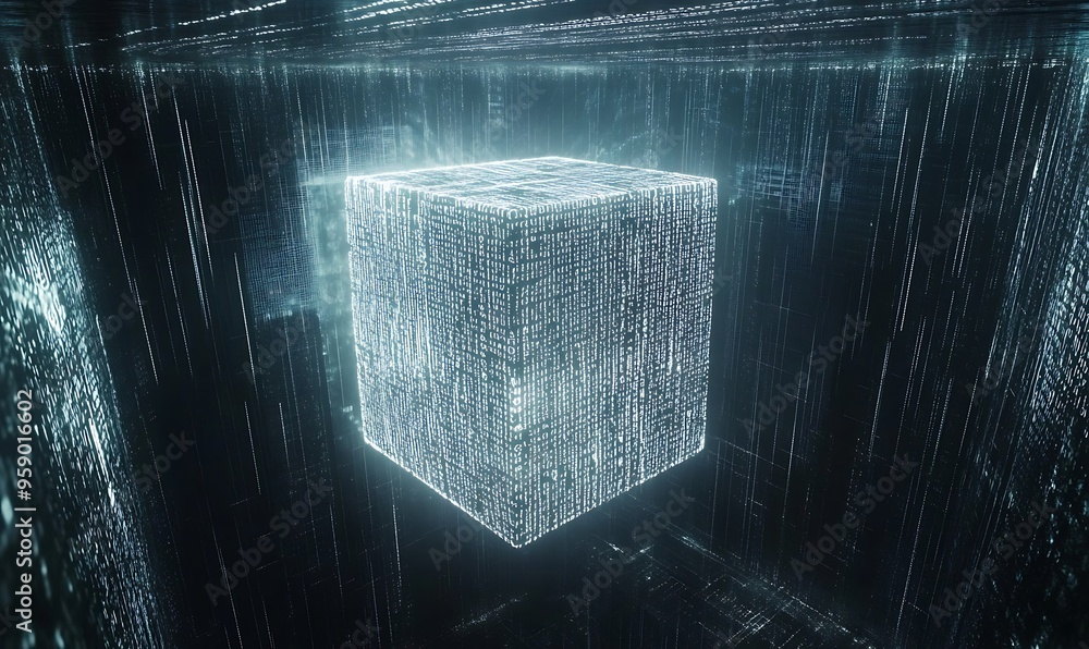 Poster glowing cube of digital code in a cybernetic space