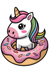 A cartoon illustration of a pink unicorn is holding a doughnut in its hooves.