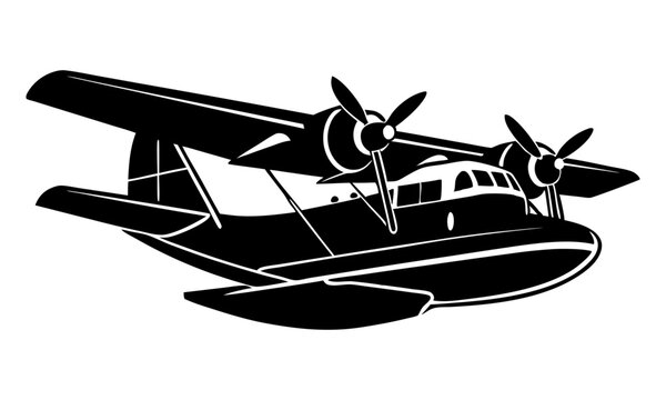 black and white seaplane flying, side view clip art preview