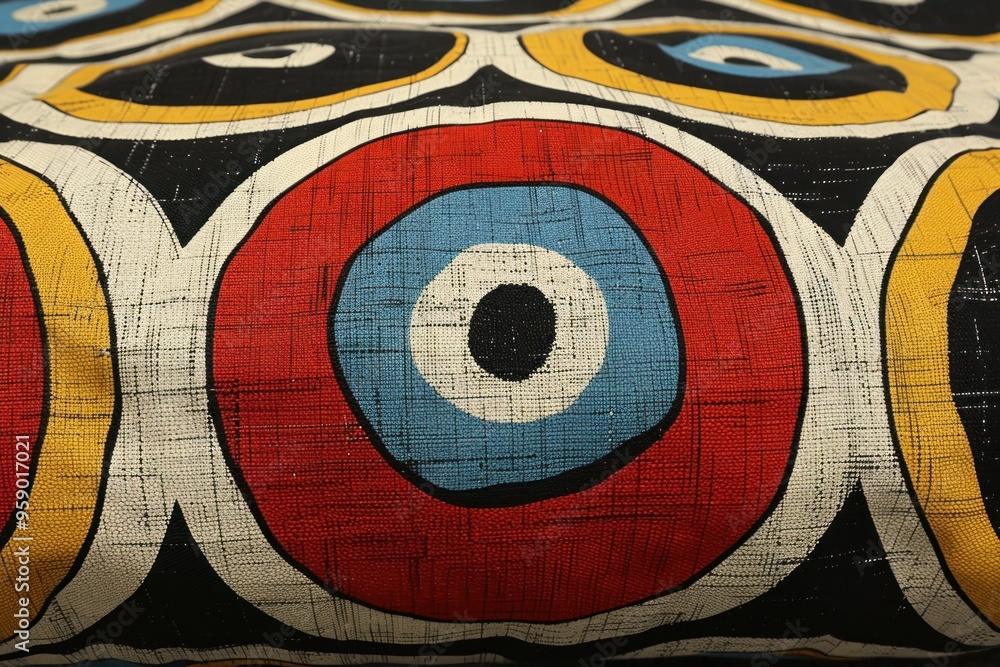 Poster close up view of a pillow fabric with a repeating pattern of colorful eyes