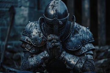 Fototapeta premium A knight is kneeling in a field, looking down, generative ai image