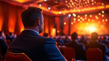 A man in a suit sits in a large auditorium, watching a presentation on stage. The room is lit with warm, yellow lights.