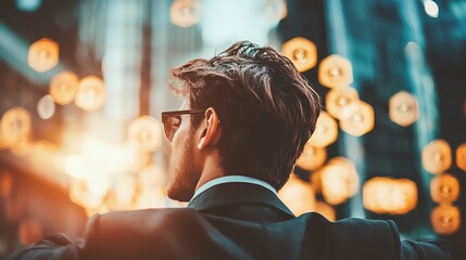 A confident businessman stands in a vibrant city, illuminated by soft glowing lights, embodying success and ambition.