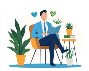 A man sits in a chair, reading a book and surrounded by plants. He appears relaxed and happy.