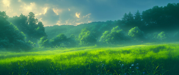 Landscape of meadow. Styled like an anime or game background. Blue sky, sunset, sunrise, night, fog, snow, rain, cloudiness, autumn leaves, etc.