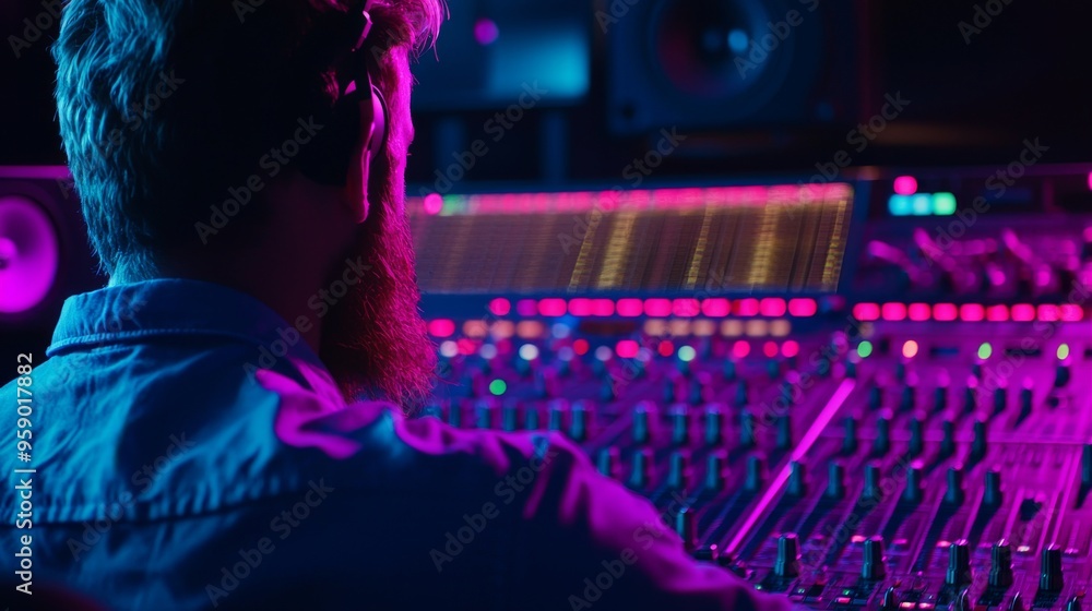 Poster a man with a beard works on a mixing console in a recording studio. the console is lit with colorful