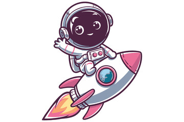 A cartoon illustration of a cute astronaut riding a rocket and waving his hand