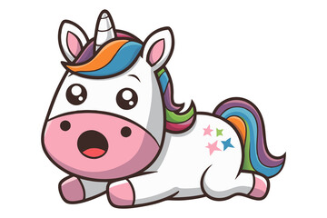 A cartoon illustration of a pink unicorn is holding a doughnut in its hooves. © afrozak
