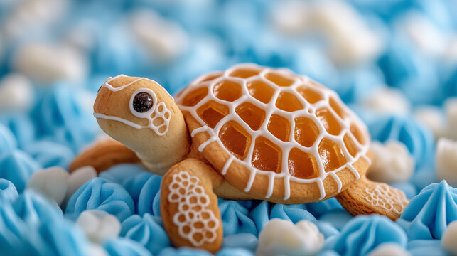 Gingerbread turtle with a shell made of honeycomb candy swimming through a sea of blue and white icing 