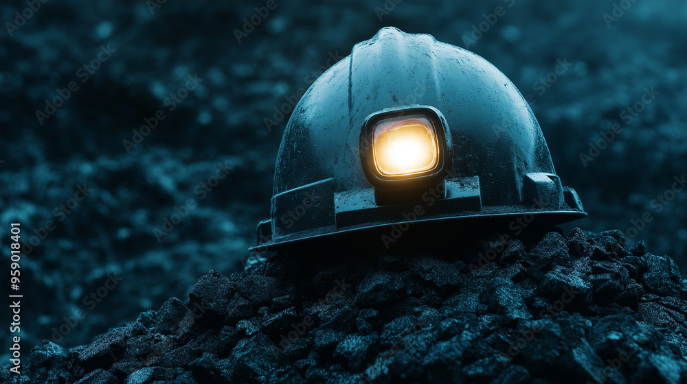Poster coal miner’s helmet with a lit headlamp placed on a pile of coal, black dust particles floating in d