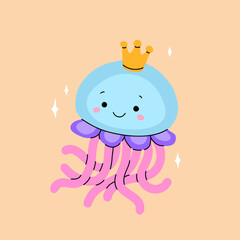 Vector illustration with cute funny colorful jellyfish. Underwater world, sea life, marine animals. Children's graphic print for your design