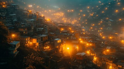 Fototapeta premium A misty cityscape at night, illuminated by streetlights, creating a warm, inviting ambiance.