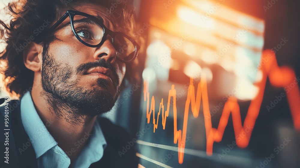 Poster contemplative man analyzing financial data trends with a focus on growth and strategy in a modern of