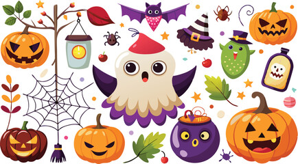 Cute Halloween holiday set - ghost, owl, pumpkin, star, candy, berry, branch, scary face, garland, witch hat, bat, moon, spider, web, jack o lantern isolated on white background. Vector illustration