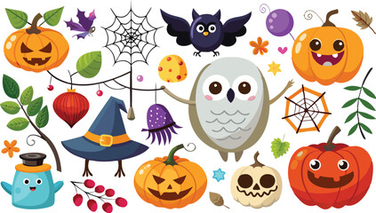 Cute Halloween holiday set - ghost, owl, pumpkin, star, candy, berry, branch, scary face, garland, witch hat, bat, moon, spider, web, jack o lantern isolated on white background. Vector illustration