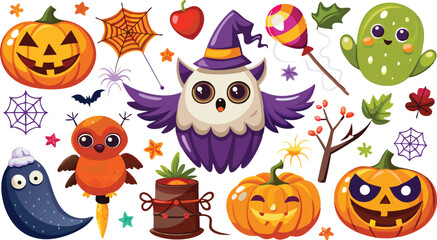 Cute Halloween holiday set - ghost, owl, pumpkin, star, candy, berry, branch, scary face, garland, witch hat, bat, moon, spider, web, jack o lantern isolated on white background. Vector illustration
