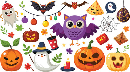 Cute Halloween holiday set - ghost, owl, pumpkin, star, candy, berry, branch, scary face, garland, witch hat, bat, moon, spider, web, jack o lantern isolated on white background. Vector illustration