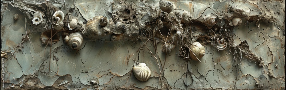 Poster close-up of seashells embedded in a wall, with cracks and vines