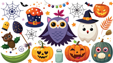 Cute Halloween holiday set - ghost, owl, pumpkin, star, candy, berry, branch, scary face, garland, witch hat, bat, moon, spider, web, jack o lantern isolated on white background. Vector illustration