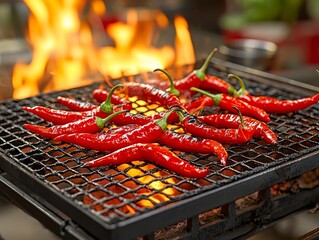 Closeup of red peppers grilling over a fiery grate a symphony of heat and spice