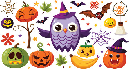 Fototapeta premium Cute Halloween holiday set - ghost, owl, pumpkin, star, candy, berry, branch, scary face, garland, witch hat, bat, moon, spider, web, jack o lantern isolated on white background. Vector illustration
