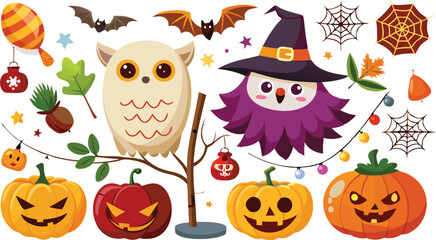 Cute Halloween holiday set - ghost, owl, pumpkin, star, candy, berry, branch, scary face, garland, witch hat, bat, moon, spider, web, jack o lantern isolated on white background. Vector illustration