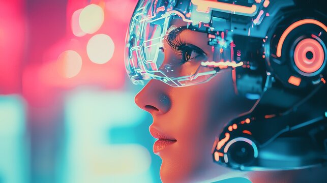 Futuristic portrait of a woman with a sleek robotic helmet, showcasing advanced technology and a vibrant, colorful background.
