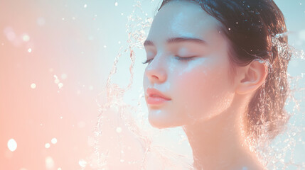 serene woman with closed eyes submerged in water, surrounded by gentle ripples and soft lighting, creating a peaceful, dreamlike moment of calm and relaxation.