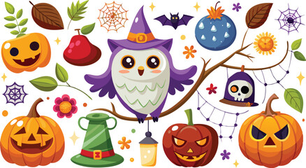 Cute Halloween holiday set - ghost, owl, pumpkin, star, candy, berry, branch, scary face, garland, witch hat, bat, moon, spider, web, jack o lantern isolated on white background. Vector illustration