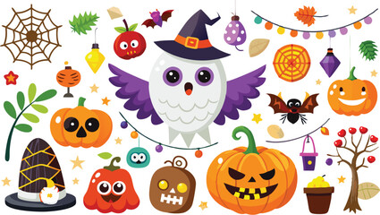 Cute Halloween holiday set - ghost, owl, pumpkin, star, candy, berry, branch, scary face, garland, witch hat, bat, moon, spider, web, jack o lantern isolated on white background. Vector illustration