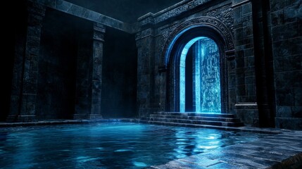A mysterious and ancient stone archway glows with an ethereal blue light, leading to a flooded chamber.