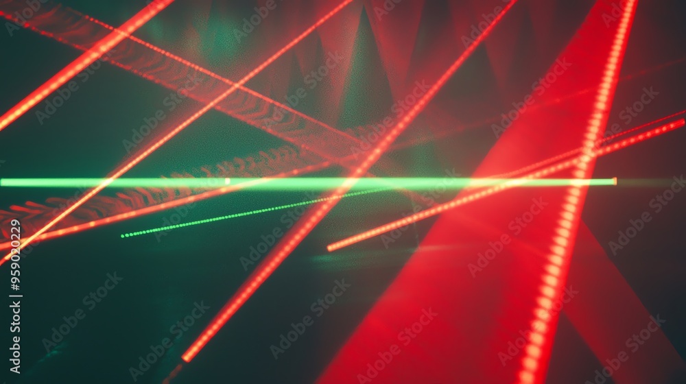 Poster vibrant laser beams intersecting across a dark background, creating an electrifying atmosphere with 