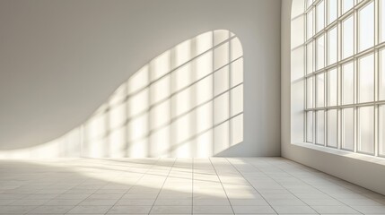 Fototapeta premium Sunlight Streaming Through a Large Window Casting Shadow Patterns on a White Tiled Floor