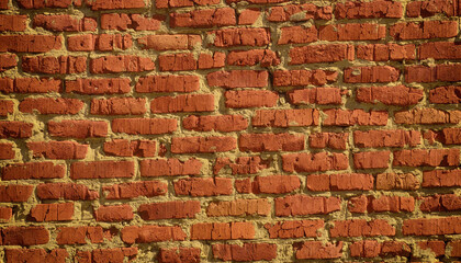 An old scratched red brick wall background. Close up.