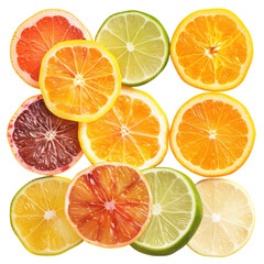 Obraz premium An artistic arrangement of citrus fruit slices including oranges, lemons, and limes, isolated on a transparent background. Perfect for food, summer, or refreshing drink concepts. PNG File,
