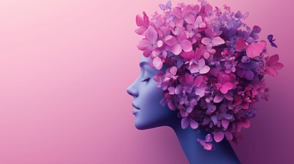 Female Profile Silhouette Formed by Blossoming Flowers Symbolizing Memory, Identity, Cognitive Health, and Alzheimer&rsquo;s Awareness Concept