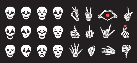 Emoji skull stickers, hands bones. Set of vector elements for Halloween. Various hand gestures, facial expressions.