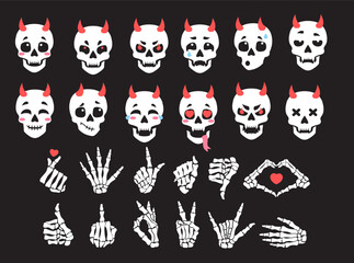 Set of skulls and skeleton. Various hand gestures, demonic skulls with horns. Set of vector stickers.