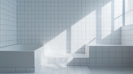 Minimalist White Tile Bathroom with Sunlight and Corner Bathtub A Geometric Perspective